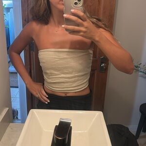 Olivaceous Cream/Tan Linen Sleeveless Top